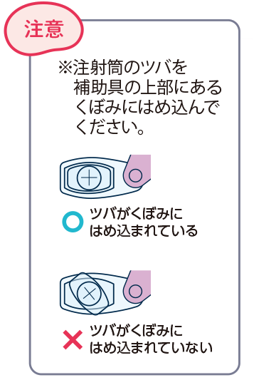 注射筒のツバを補助具の上部にあるくぼみにはめ込んでください